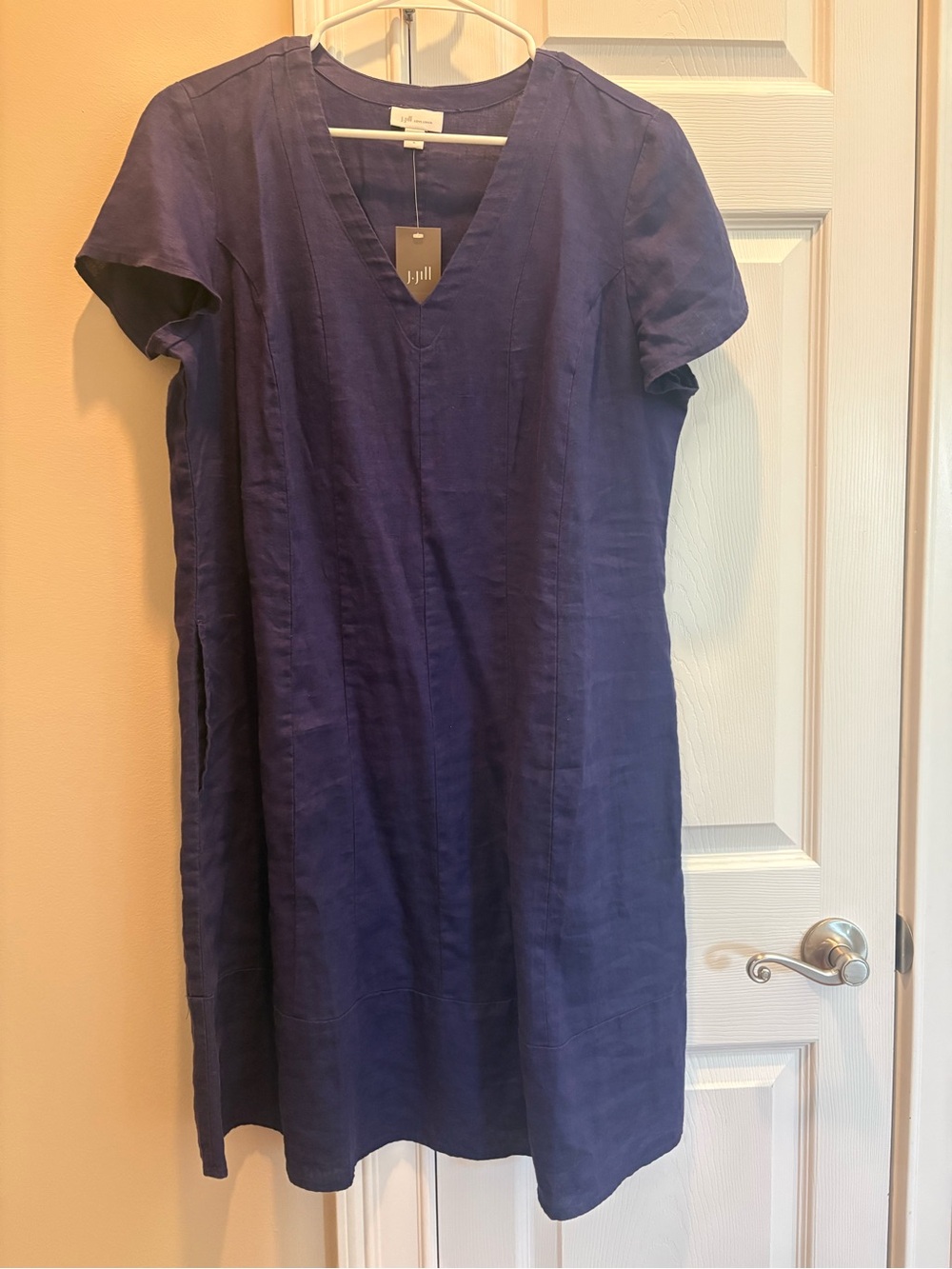 J. Jill Navy V-Neck Short Sleeve Linen Dress